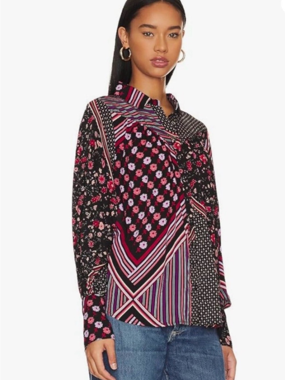 Free People Hazel Button Down in Black Combo Bohemian Patchwork Feminine Size L